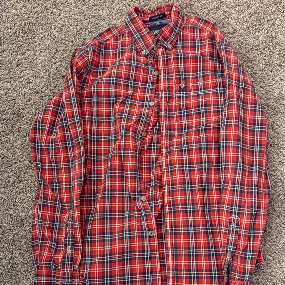 American Eagle Outfitters Red and Blue Plaid Button Down Shirt